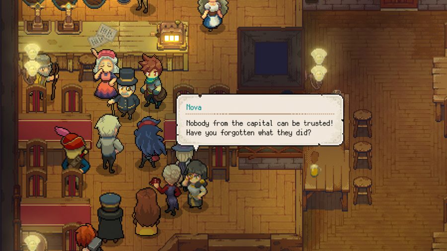 Potion Permit hero image: A screenshot from the mobile version showing a group of residents gathered together
