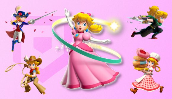 Proncess Peach: Showtime! preview: Ribbon Peach takes center stage on a pink PT background, outlined in white and twirling her magic ribbon about her. In the four corners of the image are swordfighter, ninja, cowgirl, and patissiere Peach