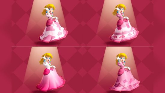 Princess Peach Showtime review: Four Peach dresses - cow print, cake print, gradient, and ninja cloud print