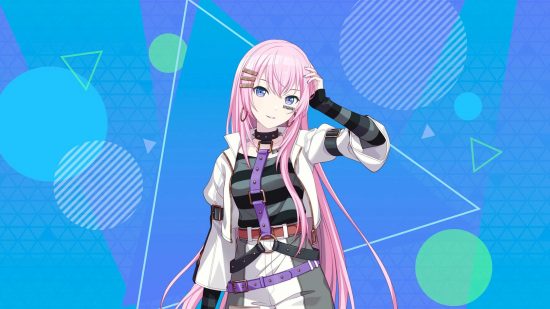Project Sekai cards: Luka wearing a streetwear outfit with purple straps and white layers, pasted on a blue geometric background