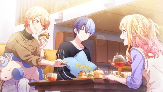 Project Sekai events: Tsukasa and Saki eating sweets and chatting enthusiastically while Toya sits quietly smiling at Tsukasa, holding a star cushion with Tsukasa's name embroidered in it