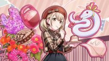 Project Sekai events: Kohane's birthday card where she's eating a cake while wearing a beret and a plaid jacket, with flowers and a white snake in the background