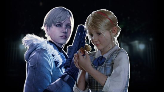 Resident Evil's Sherry Berkin as a child in RE 2 Remake and an adult in RE 6, outlined in white and pasted on a blurred image of Raccoon City police station