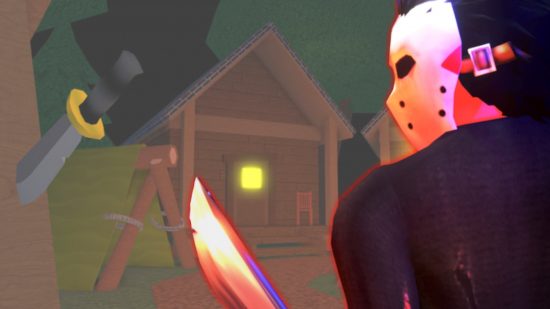 Roblox horror games: A maksed killer looking at cabins while holding a machete