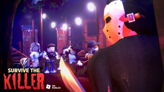 Roblox horror games: Survive the Killer key art showing a masked killer stalking a group of teenagers