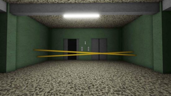 Roblox horror games - An empty room with caution tape in front of broken down elevators
