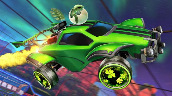 Screenshot of a green car boosting through the air for Rocket League cars guide