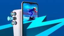 Official promo for Samsung Galaxy M14 5G with a blue skier on the phone screen on a large blue M for Samsung Galaxy M15 5G launch