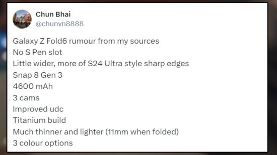 Screenshot of Chun Bhai's X post with details on the Samsung Galaxy Z Fold 6 specs rumors in the copy