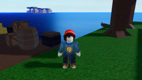 Second Piece codes - an avatar in a PT jumper with a red beanie stood between barrels and a tree in front of the sea