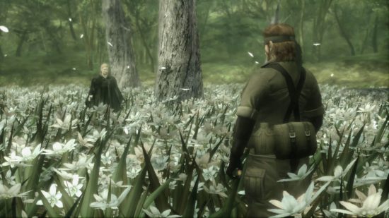 Snake games: A screenshot of Snake in a field of white flowers in a jungle facing off against an enemy from MGS 3