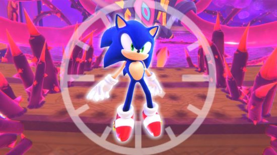 Sonic Dream Team time trials: Sonic floating in front of a clock in front of a pink boss room