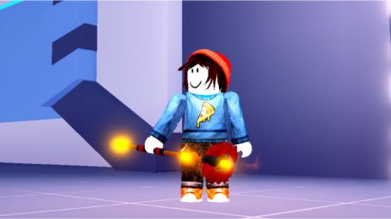 Sorcerer Fighting Simulator codes - a fire sorcerer in a pizza jumper and red beanie stood in a grey room