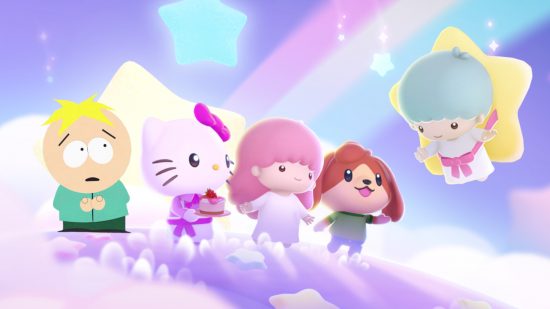 South Park games: Butters from South Park edited into a promotional graphic for Hello Kitty Island Adventure featuring Kitty, Kiki, Lala, and a player character