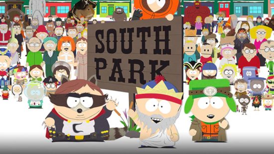South Park games: A large gathering of cartoon superheroes including the main crew in front of the wooden South Park sign