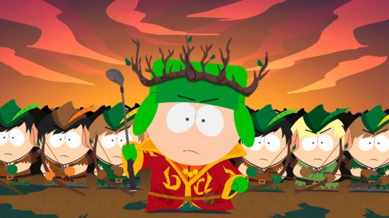 South Park games: A South Park character wearing a green hat with a crown of thorns holds up a stick in front of a crowd of angry others with a red sky in the background
