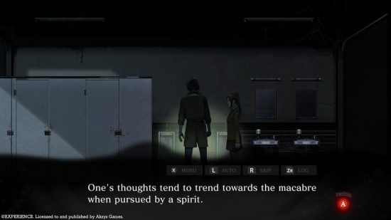 Spirit Hunter: Death Mark II review - a screenshot showing Yashiki and Ai in a dirty bathroom as Yashiki states 'one's thoughts trend towards the macabre when pursued by a spirit'