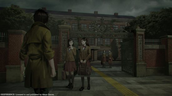 Spirit Hunter: Death Mark II review - a screenshot showing Yashiki approaching the gates of the school as students leave