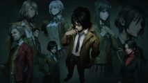 Spirit Hunter: Death Mark II review - a screenshot of artwork showing Yashiki holding a hand to his chin in thought, surrounded by images of other characters from the game