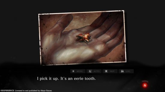 Spirit Hunter: Death Mark II review - a screenshot showing a hand holding an 'eerie tooth', covered in red moss