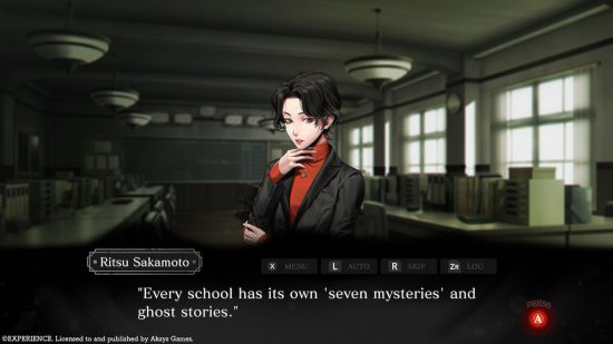 Spirit Hunter: Death Mark II review - a screenshot showing Sakamoto telling Yashiki "every school has its own 'seven mysteries' and ghost stories"