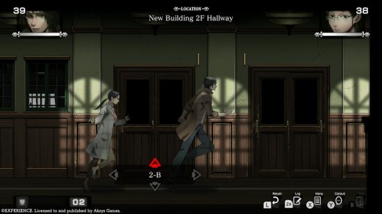 Spirit Hunter: Death Mark II review - a screenshot showing Yashiki and Hiroo running through a school corridor 