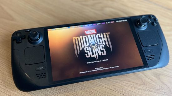 Custom image for Steam Deck OLED review showing the screen with Marvel Midnight Suns logo
