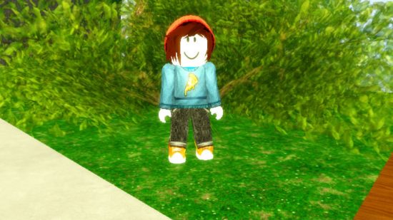 Super Power Grinding Simulator codes - An avatar in a pizza jumper and red beaning stood on grass in front of a bush