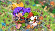 Supercell take more risks: A purple haired archer and a crazy chicken from Squad Busters outlined in white and pasted on a blurred hidden object puzzle in the world of Clash of Clans