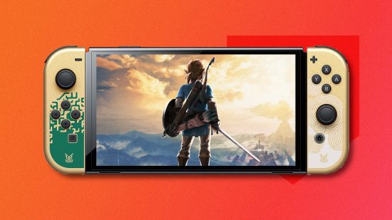 Switch 2 backward compatible: A Zelda OLED Switch with a wallpaper from Breath of the Wild overlayed on the screen. This is pasted on a red PT background