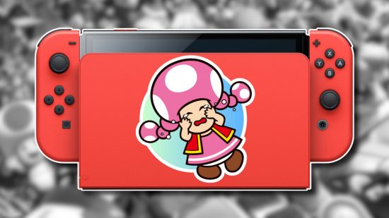 Switch 2 delayed: A crying Toadette sticker from Mario Party Superstars pasted on the bright red dock of a Mario red Switch OLED. This console is outlined in white and pasted on a black and white blurred full cast image from Mario Kart 8 Deluxe