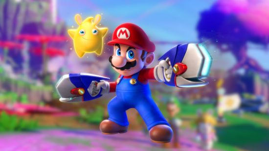 Tactics games: Mario and a Rabbids Looma from Sparks of Hope pasted on a blurred game screenshot