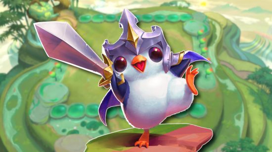 TFT Tier list: The TFT Penguin holding a sword aloft, outlined in white and pasted on a slightly blurred image of the set 11 game board