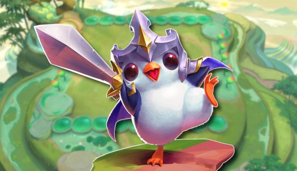 TFT Tier list: The TFT Penguin holding a sword aloft, outlined in white and pasted on a slightly blurred image of the set 11 game board