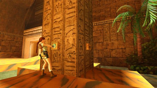 Lara Croft pressing a button on a colomn in the middle of an oasis room in a tomb