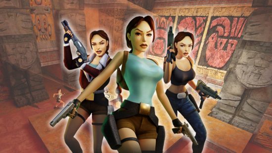 Three versions of Lara Croft in front of a desert tomb