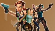 Tomb Raider games - various iterations of Lara Croft posing with her pistols in front of a light brown PT background