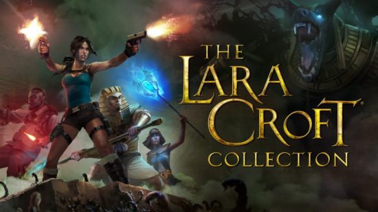 Tomb Raider games, The Lara Croft Collection key art showing Lara shooting her guns with people either side of her as Set looks on