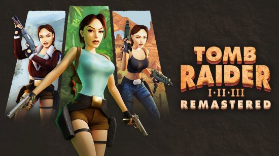 Tomb Raider games: Three different Lara Crofts stood next to each other with the game logo to the right of them