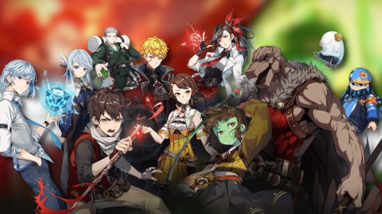Tower of God New World tier list: A group shot of the main cast drop-shadowed on a blurred red versus green backdrop