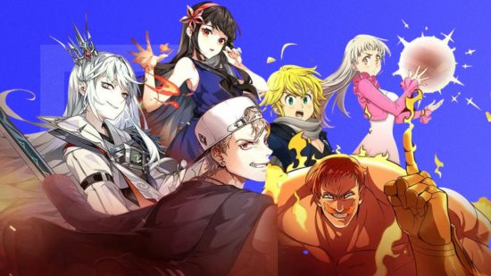 Tower of God: New World The Seven Deadly Sins collab image featuring three characters posing together from either franchise in front of a blue background