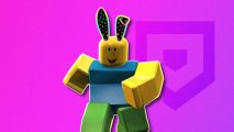 UGC Limited codes: A Roblox noob wearing some black and rainbow bunny ears, pasted on a purple PT background