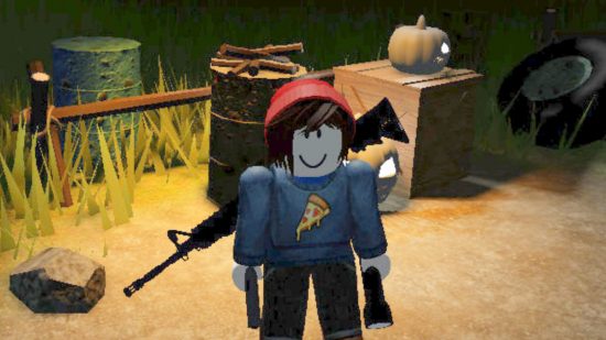 Undead Mayhem codes: An avatar in a red beanine and pizza jumper with an assault rifle on their back and a pistol and torch in eaither hand in front of a field and some boxes