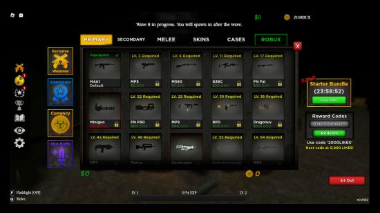 The Undead Mayhem codes redemption screen showing off various guns and weapons