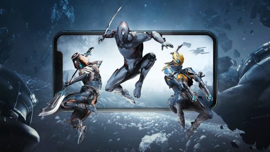 Warframe Mobile interview: Warframe Mobile's key art showing three warframes jumping out of an iPhone