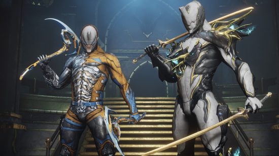 Warframe Mobile interview: Two warframes posing with weapons by a staircase