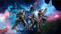 Warframe Mobile interview: Four different warframes all posed differently on a blurred galaxy background and outlined in white