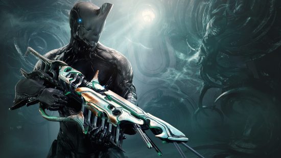 Warframe Mobile inteview: A warframe holding the mobile game's exclusive starter pack gun