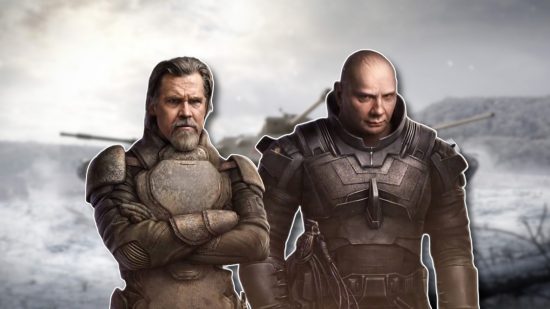 World of Tanks Dune Part Two: Rabban and Gurney outlined in white and pasted on a blurred WoT promotional image of some tanks in the snow