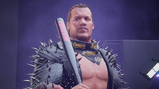 Wrestling games: A screenshot from AEW Fight Forever of a wrestler with a spiky jacket and a baseball bat